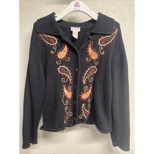 Vintage Crystal Kobe Womens Sweater Embroidered LARGE Black Cortagecore Cardigan